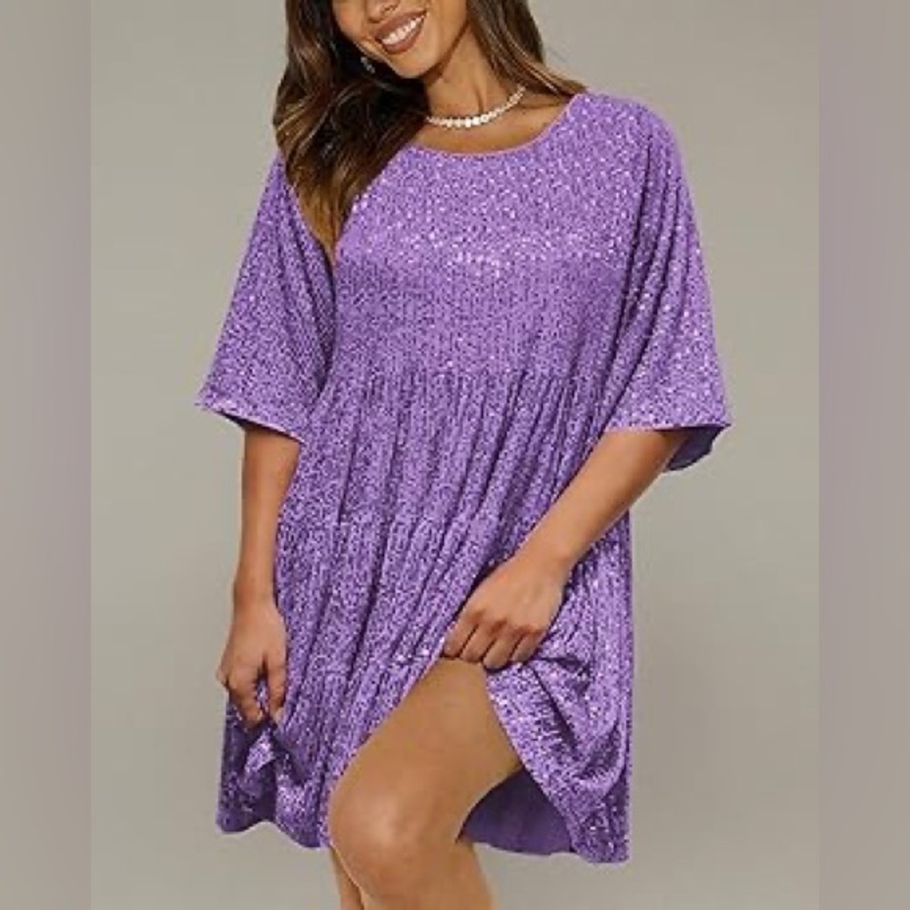 Large tiered short sleeve dress Purple lavender sequin sequins flowy swingy